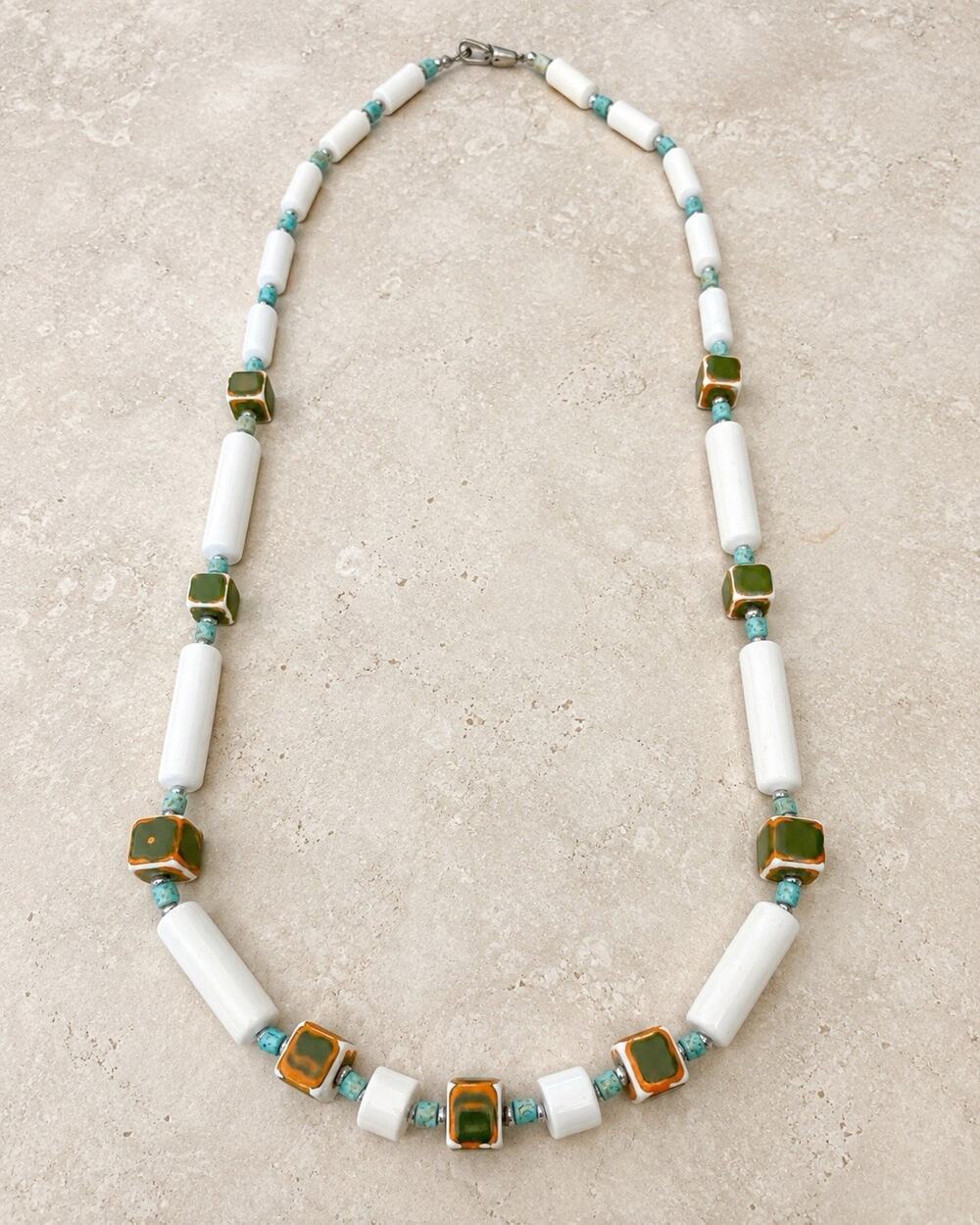 Vintage Artisan Ceramic Barrel Beaded Necklace 25” Geometric Boho Coastal White